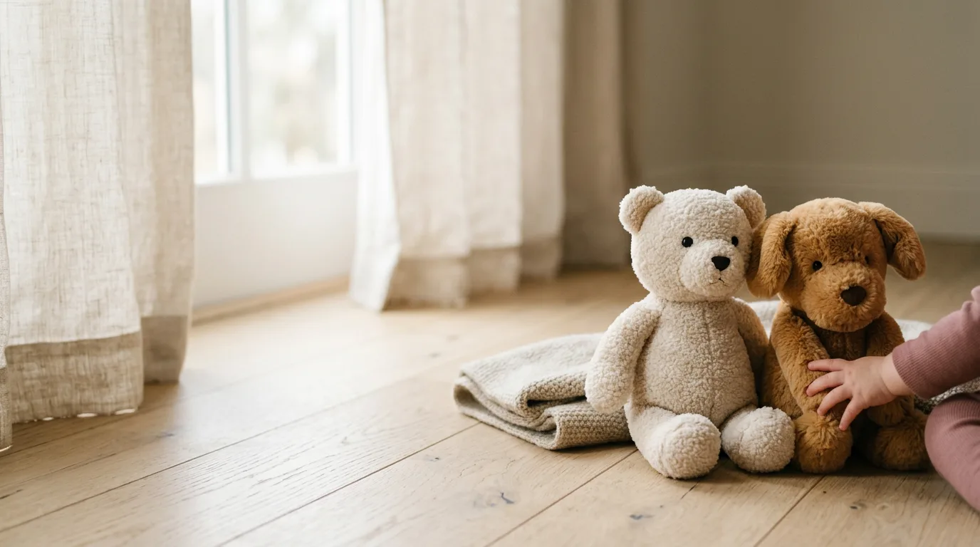 Pencere kenarında yan yana oturan krem rengi pelüş ayıcık ve karamel rengi pelüş köpek, yanında küçük bir çocuk eli.